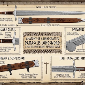 May include: Anatomy of a handcrafted Damascus longsword guide. The overall length is 39 inches, with a 29-inch blade and a 10-inch handle. Features include a multifaceted pommel, intricate knotwork carving, and an engraved crossguard.