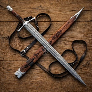 May include: A detailed image of a sword and scabbard. The sword features a patterned blade, a silver crossguard, and a dark wooden handle. The scabbard is made of wood with decorative carvings and a leather strap. The sword and scabbard are resting on a wooden surface.