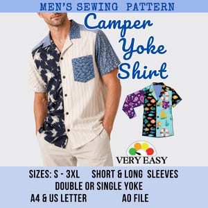 Op de afbeelding: Een naaipatroon voor een Camper Yoke overhemd, met een overhemd met korte mouwen en knoopsluiting met een gespleten ontwerp, één kant met een donkerblauwe vogelprint en de andere met crèmekleurige verticale strepen. Inclusief een borstzak.