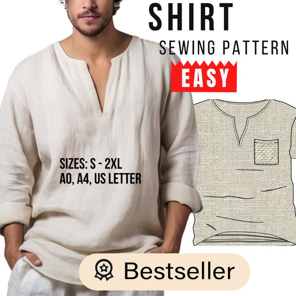 Man Boho Relaxed Fit Shirt Kragen Muster Lange oder Kurze Ärmel PDF download zum Selbernähen, Gesprächsstoff, Eisbrecher