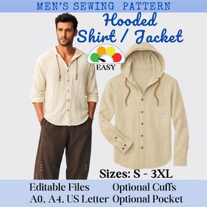 Op de afbeelding: Een naaipatroon voor een shirt of jas met capuchon. De afbeelding toont een beige shirt met capuchon met bruine trekkoorden en knopen, naast een persoon die een soortgelijk shirt en een bruine broek draagt. De tekst luidt "MEN'S SEWING PATTERN Hooded Shirt / Jacket EASY".