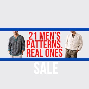 Puede incluir: Una camisa de manga larga con estampado azul oscuro y una chaqueta abotonada de color beige claro con bolsillos. El texto 21 MEN'S PATTERNS. REAL ONES aparece en rojo, con la palabra SALE en blanco debajo, enmarcado por dos franjas azules.