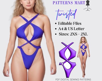 Swimwear Twisted Bikini Sewing Pattern PDF download to sew. diy, hot, trendy, piece of conversation, ice breaker, unique sewing pattern 5197