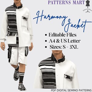 May include: A digital sewing pattern for a Harmony Jacket. The pattern includes editable files in A4 and US Letter sizes, and is available in sizes S-3XL. The image shows a model wearing a white and black striped jacket with a white shirt underneath.