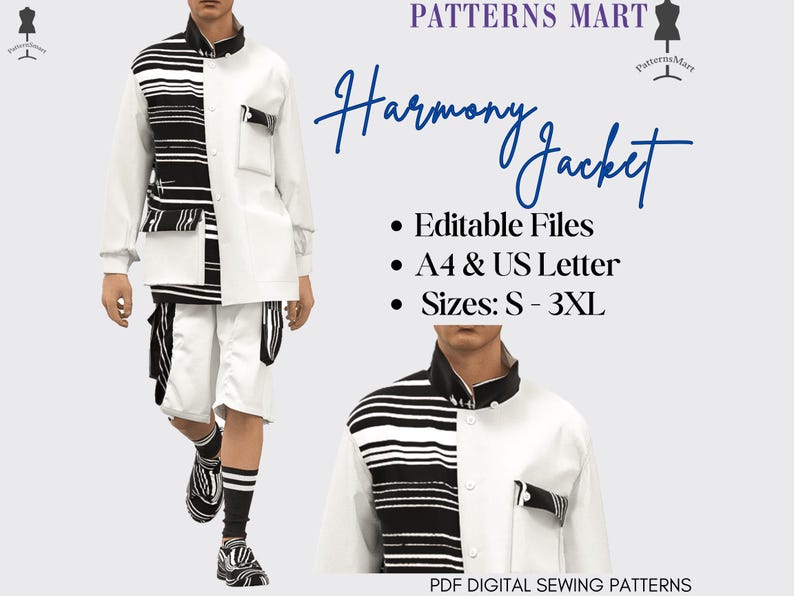 May include: A digital sewing pattern for a Harmony Jacket. The pattern includes editable files in A4 and US Letter sizes, and is available in sizes S-3XL. The image shows a model wearing a white and black striped jacket with a white shirt underneath.