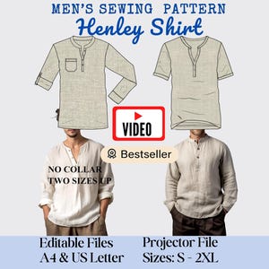 Cartamodello per camicia Henley da uomo con video: manica lunga/corta (download PDF, S-2X)