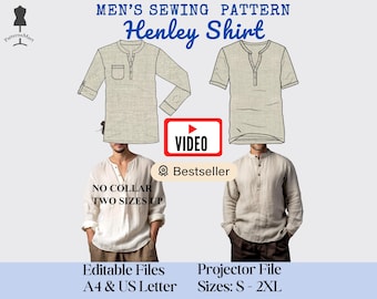 Men's Henley Shirt Sewing Pattern | Long or Short Sleeve, Video Tutorial (PDF Pattern)