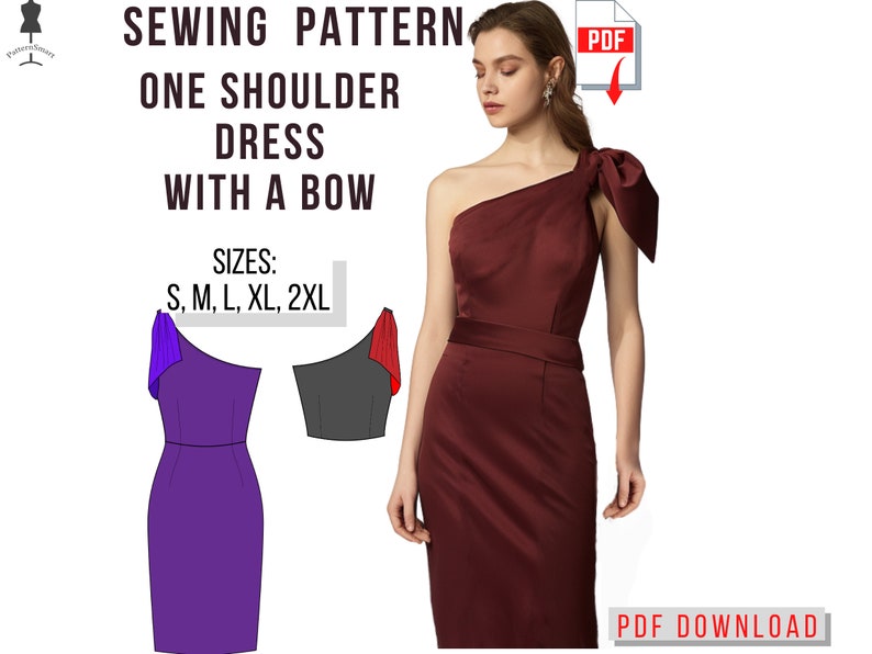 One Shoulder Dress With a Bow Sewing Pattern PDF Download, Party Dress