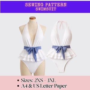 May include: A sewing pattern for a white one-piece swimsuit with a deep V-neckline, halter straps, and a blue waist tie. The swimsuit features a two-tiered ruffled peplum at the waist. Text includes SEWING PATTERN SWIMSUIT, Sizes: 2XS - 3XL, and A4 & US Letter Paper.