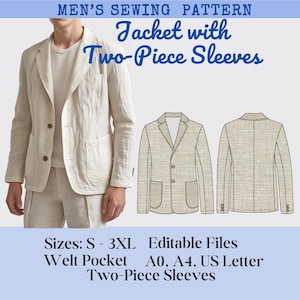 メンズブレザーの縫製パターン：ツーピーススリーブジャケット（PDFダウンロード、サイズ：S～2XL）