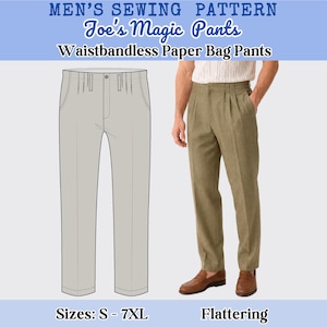 Può includere: Immagine di un modello di cucito per i pantaloni magici di Joe, pantaloni a vita alta senza cintura. Il modello include un disegno a tratto dei pantaloni e una foto dei pantaloni indossati. Il testo sull'immagine dice "Taglie: S - 7XL" e "Lusinghiero".