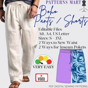 Broeken en shorts Boho PDF-patroon om shorts te naaien. Makkelijk. Optionele zakken met steekzakken en binnenbeenzakken. doe-het-zelf, ijsbreker, gespreksstarter