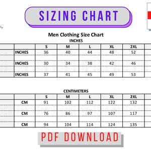 May include: A sizing chart for men's clothing with measurements in inches and centimetres. The chart includes chest, waist, and hip measurements for sizes S, M, L, XL, 2XL, and 3XL.