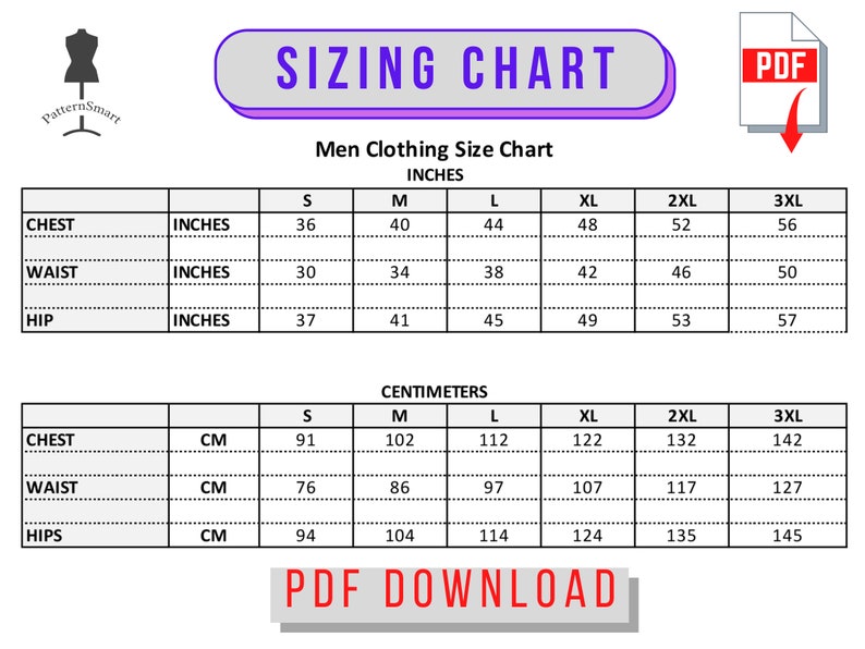 May include: A sizing chart for men's clothing with measurements in inches and centimetres. The chart includes chest, waist, and hip measurements for sizes S, M, L, XL, 2XL, and 3XL.