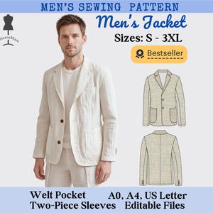 Men's Modern Jacket Sewing Pattern | Unlined Blazer, Two-Piece Sleeves, Easy for Beginners (PDF Download)