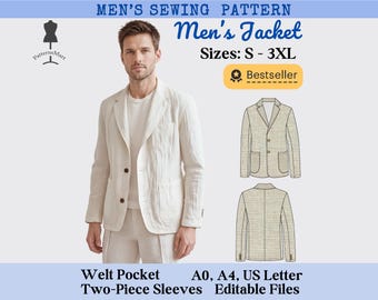 Peut inclure: Un patron de couture pour veste avec le texte Men's Sewing Pattern, Men's Jacket, Sizes: S - 3XL, Bestseller, Welt Pocket, Two-Piece Sleeves, A0, A4, US Letter, Editable Files. Inclut une photo d'une personne en veste beige et des croquis.