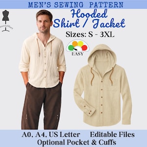 May include: A sewing pattern for a hooded shirt or jacket. The pattern includes sizes S-3XL and features optional pockets and cuffs. The image shows a model wearing the shirt and a flat lay of the garment. The text reads "MEN'S SEWING PATTERN Hooded Shirt/Jacket".