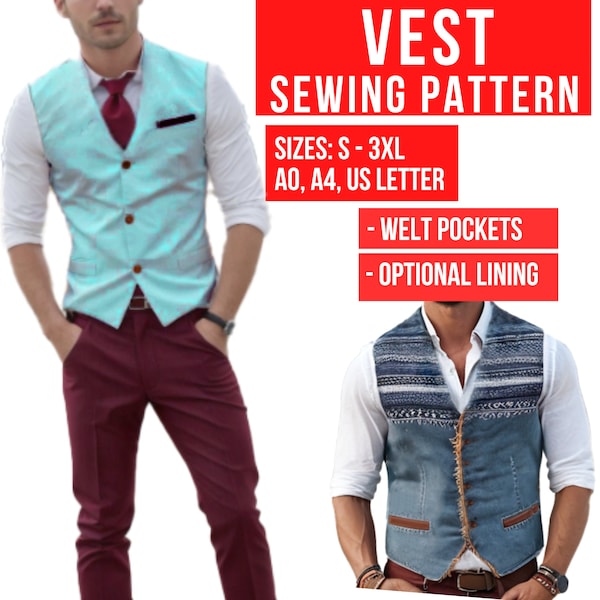 Men's Vest Sewing Pattern with Optional Lining and Welt Pockets PDF download to diy, piece of conversation, ice breaker, boho, grad, wedding