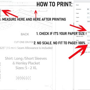 May include: A computer screen displaying instructions on how to print a sewing pattern. The instructions advise checking the paper size, ensuring the scale is set to 100%, and measuring the pattern after printing. The pattern is for a shirt with long or short sleeves and a Henley placket. The pattern is available in sizes S-2XL.