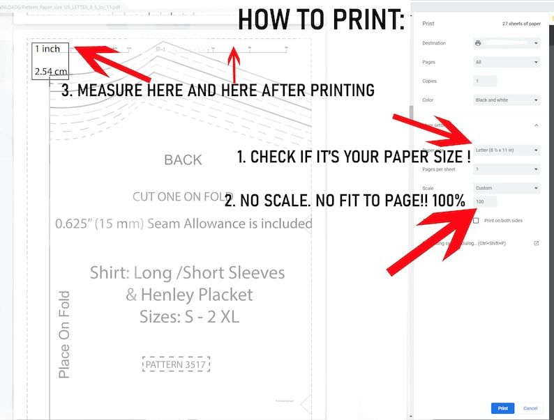 May include: A computer screen displaying instructions on how to print a sewing pattern. The instructions advise checking the paper size, ensuring the scale is set to 100%, and measuring the pattern after printing. The pattern is for a shirt with long or short sleeves and a Henley placket. The pattern is available in sizes S-2XL.