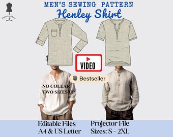 Men's Henley Shirt Sewing Pattern | Long Short Sleeve, Easy for Beginners, Bestseller (PDF Pattern)