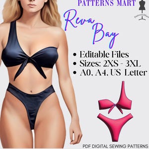 May include: A digital sewing pattern for a one-shoulder bikini set titled Reva Bay by Patterns Mart. The image displays a black bikini on a figure, a pink bikini illustration, and text listing editable files, sizes 2XS-3XL, and A0, A4, US Letter formats.