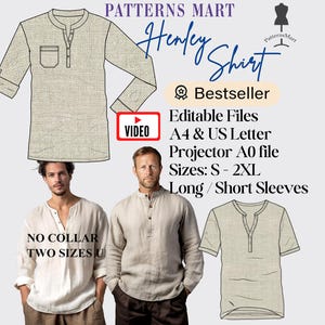 Men&#39;s Shirt Henley Collar Pattern Long or Short Sleeves PDF download to sew diy. Video, Boho, men&#39;s, piece of conversation