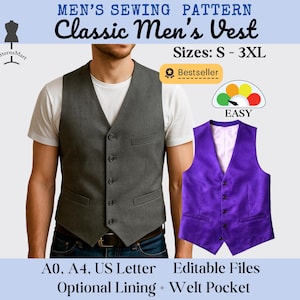Men's Waistcoat Sewing Pattern | Classic Suit Vest | Easy Pattern for Beginners (PDF Download)