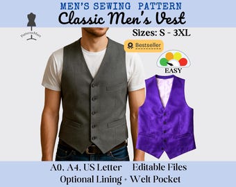 Men's Waistcoat Sewing Pattern | Classic Suit Vest | Easy Pattern for Beginners (PDF Download)