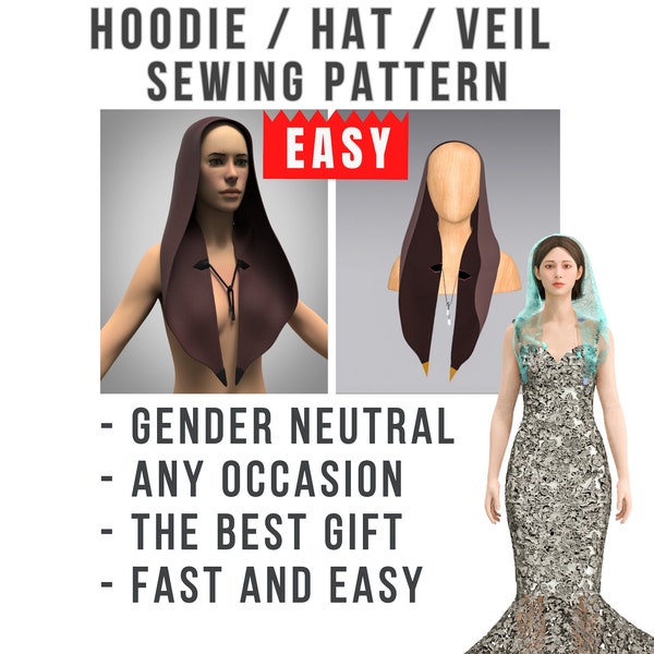 Hoodie Hat Veil Gender sewing pattern, Neutral, Fast and Easy, The best gift, PDF download to sew diy. Boho, men's, wedding