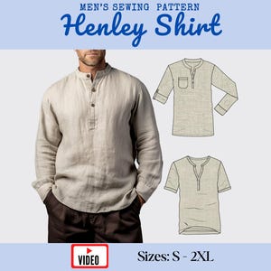 Naaipatroon Henley-shirt heren met video | Lange of korte mouw | Casual overhemd voor elke dag | Eenvoudig pdf-patroon voor beginners