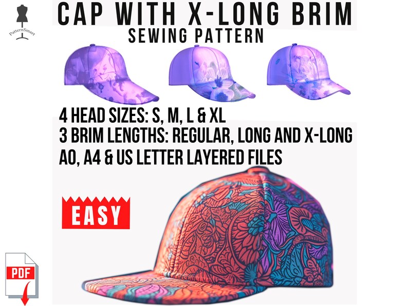 Extra Long Brim Baseball Cap 4 Head Sizes Sewing Pattern: Easy DIY (PDF ...
