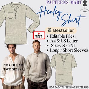 Men’s Henley Shirt Sewing Pattern with Video | Long or Short Sleeve | Casual Everyday Shirt | Easy PDF Pattern for Beginners