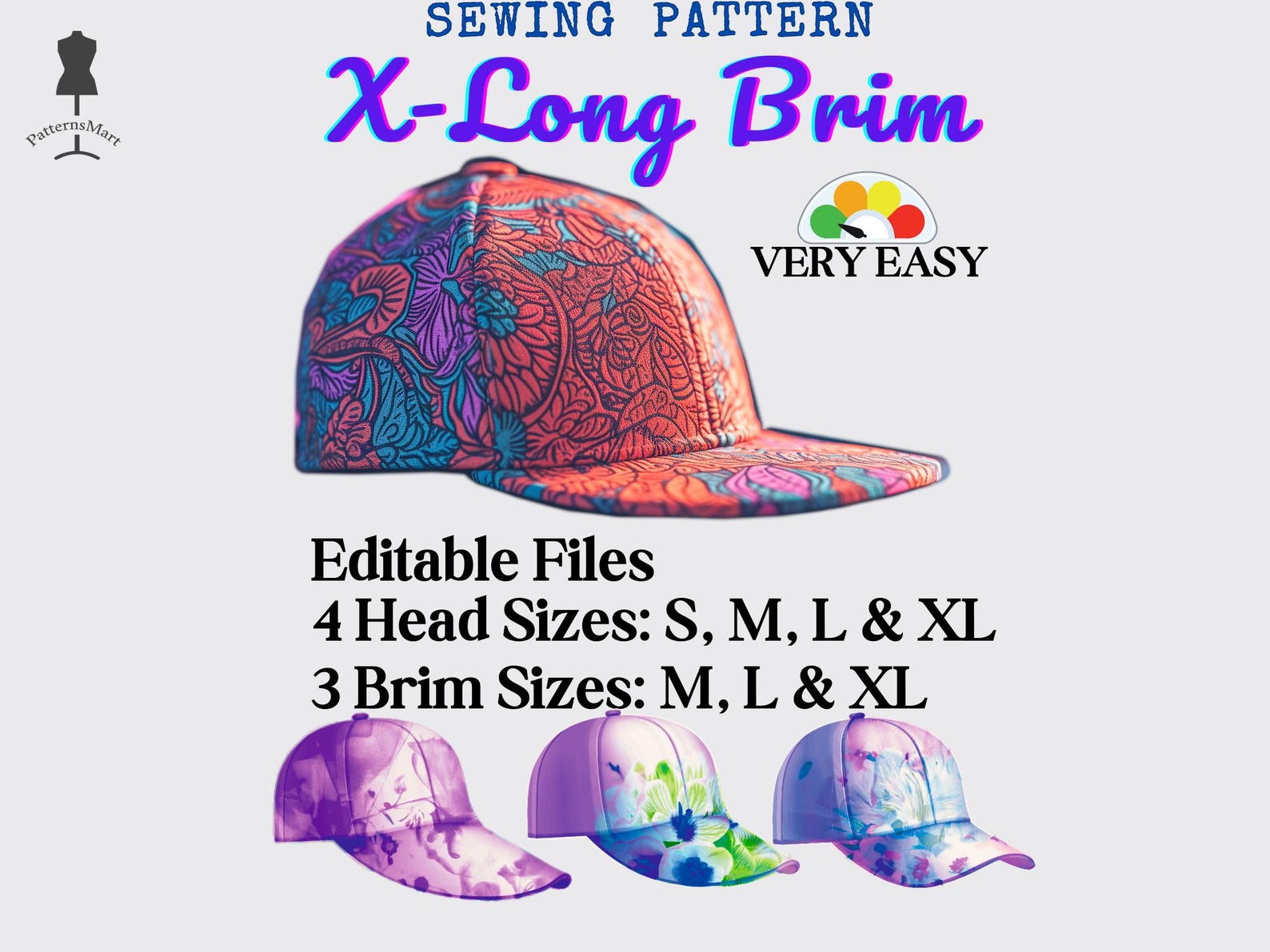 Extra Long Brim Baseball Cap 4 Head Sizes Sewing Pattern: Easy DIY (PDF ...