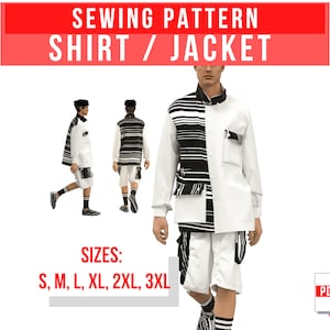 May include: A sewing pattern for a shirt or jacket featuring a black and white striped design. The pattern is available in sizes S, M, L, XL, 2XL, and 3XL. The pattern is a PDF download.