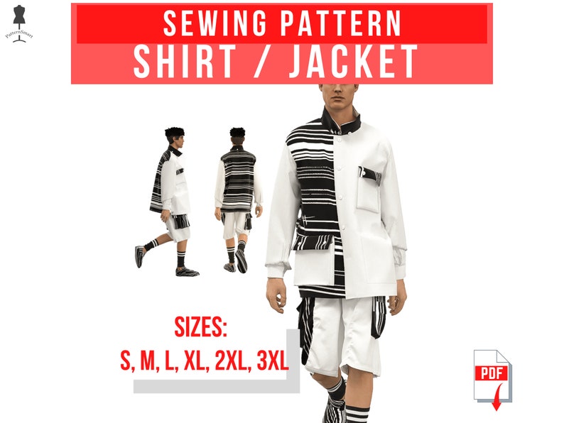 May include: A sewing pattern for a shirt or jacket featuring a black and white striped design. The pattern is available in sizes S, M, L, XL, 2XL, and 3XL. The pattern is a PDF download.