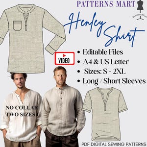 Herenshirt henley kraag patroon lange of korte mouwen pdf-download om zelf te naaien. Video, boho, heren, stukje conversatie