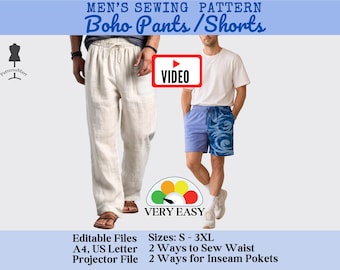 Pants & Shorts Boho Sewing Pattern and Video: Men's Sizes S-3XL (PDF Pattern)