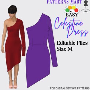One Shoulder Kleid mit Langarm Schnittmuster PDF download, Grösse M Partykleid sew diy pattern, Boho dress diy