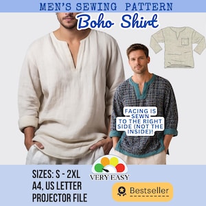 Patrón de costura para camisa bohemia de hombre / Corte holgado, manga larga/corta (patrón en PDF para principiantes)