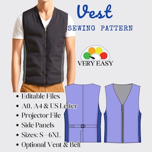 Men's Vest Sewing Pattern: Zippered V-Neck, Sizes S-6XL (PDF Download)
