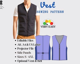 Men's Vest Sewing Pattern: Zippered V-Neck, Sizes S-6XL (PDF Download)