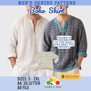 Men's Boho Shirt Sewing Pattern | Relaxed Fit, Long/Short Sleeve (PDF Pattern for Beginners)