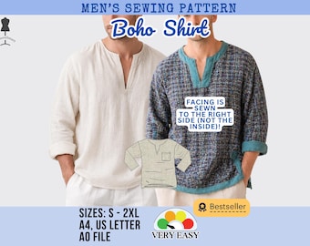 Men's Boho Shirt Sewing Pattern | Relaxed Fit, Long/Short Sleeve (PDF Pattern for Beginners)