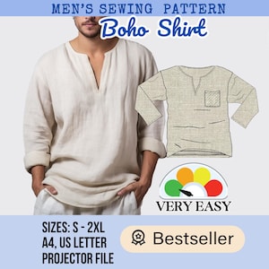 メンズボヘミアンシャツの縫製パターン：リラックスフィット、長袖または半袖（PDFダウンロード）