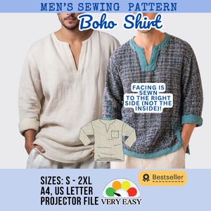 Könnte beinhalten: Zwei Männer, die Boho-Hemden tragen. Das Bild zeigt ein Schnittmuster für die Hemden mit dem Text "Men's Sewing Pattern Boho Shirt", "Facing is sewn to the right side (not the inside!)" und "Größen: S - 2XL".