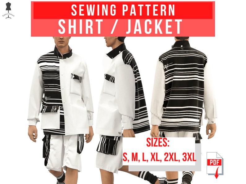 May include: A sewing pattern for a shirt or jacket featuring a black and white striped design. The pattern is available in sizes S, M, L, XL, 2XL, and 3XL. The pattern is available as a PDF download.
