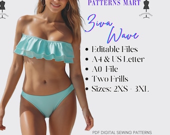 Pode incluir: Um biquíni de duas peças azul-claro com top sem alças com babados e calcinha combinando. O texto diz: Patterns Mart, Ziva Wave, Editable Files, A4 & US Letter, A0 File, Two Frills, Sizes: 2XS - 3XL, PDF Digital Sewing Patterns.