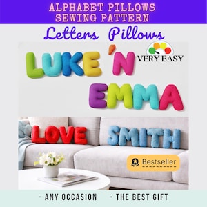 Puede incluir: Un patrón de costura para cojines con letras titulado ALPHABET PILLOWS SEWING PATTERN y Letters Pillows. La imagen muestra letras de tela coloridas que forman LUKE 'N EMMA y LOVE SMITH, con una etiqueta VERY EASY y una insignia de Bestseller.