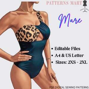 May include: A one-piece swimsuit with a leopard print bodice and solid dark blue fabric. The design features an asymmetrical one-shoulder strap and a cutout detail. Text includes PATTERNS MART, Mare, Editable Files, A4 & US Letter, Sizes: 2XS - 2XL, PDF DIGITAL SEWING PATTERNS.